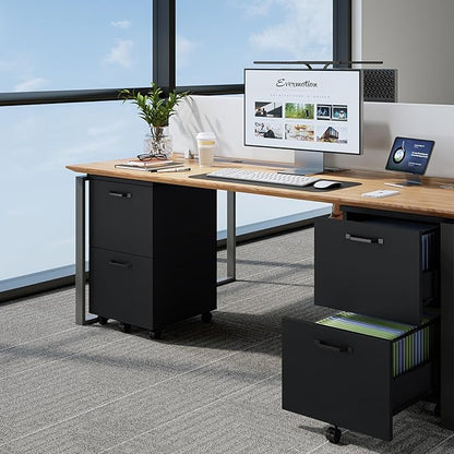 Sweetcrispy 2 Drawer Filing Cabinet Black, Rolling Wood File Cabinets with Printer Stand Under Desk Storage Lockable Wheels, Home Office Organizer