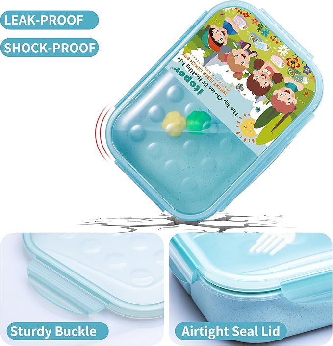 Wheat Straw Lunch Box, Leakproof 3-Compartment Bento Box for Kids & Adults, BPA-Free Lunch Containers, Microwave & Dishwasher Safe, 5.5 Cup (Blue)