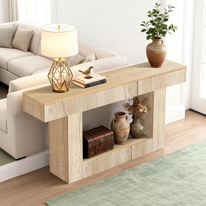 63 Inch Long Entryway Table U-Shaped Extension, Wooden Console Table with Socket Farmhouse Sofa Table for Entrance, Hallway, Living Room,Behind Couch((Natural Brown)