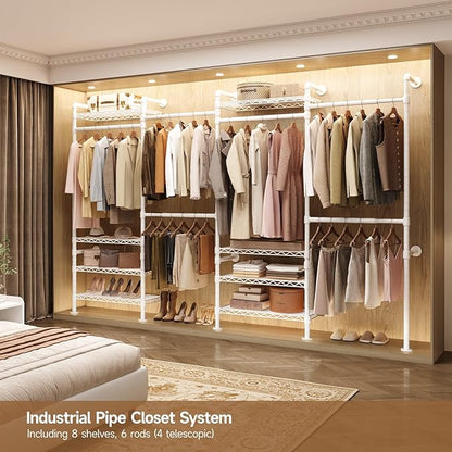 Wall Mounted Garment Rack, Industrial Pipe Metal Clothing Rack with 6 Hanging Rods (4 Expandable) & 8 Shelves, Closet Organizers and Storage System for Bedroom, Walk in Closet