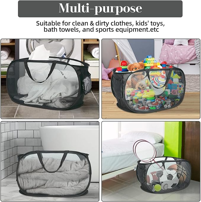 4 Pack Foldable Laundry Basket Hamper, Collapsible Laundry Baskets with Pocket, Mesh Pop Up Laundry Hamper, Clothes Hamper with Reinforced Handles for Laundry, Bathroom, Kids Room, Dorm or Travel
