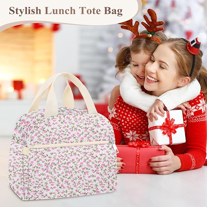 Lunch Box for Women, Cute Flower Corduroy Insulated Lunch Bag Women Reusable Work Leakproof Simple Adults Large Lunch Boxes Tote Bag Men Cooler Bag
