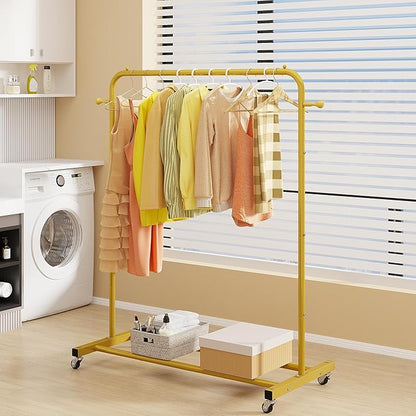 Sywhitta Clothing Rack on Wheels with Storage Shelf & Sturdy Metal Frame, Retail Clothing Rack for Hanging Clothes, Coats, Skirts,Space-Saving Mobile Organizer for Closet, Bedroom, Laundry Room, Gold