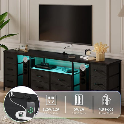 Garvee 10 Drawer Dresser, TV Stand with Fabric Drawers and Power Outlets for 75 70 65 Inch TV, TV Console Table, Entertainment Center with Open Storage Shelves for Living Room, Bedroom, Office, Black