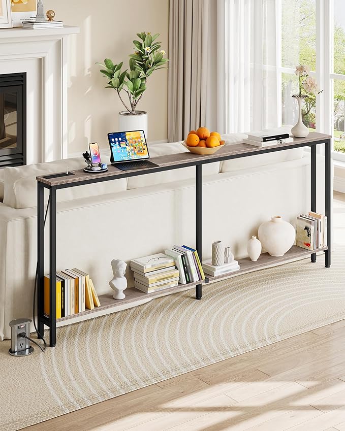 78.7" Narrow Console Table with Charging Station, Behind Couch Table with 2 AC Outlets, 1 USB and 1 Type-C Port for Hallway, Living Room, Foyer, Greige and Black TXG02UBG