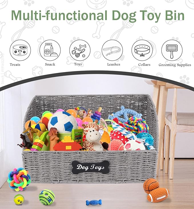Pet Dog Toy Storage Basket,Collapsible Woven Paper Rope for Dog Cat Toys,Trapezoid Dog Toy Bin,Dog Storage Organizer with Wire Frame,Ideal for Living Room,Playroom(Black)