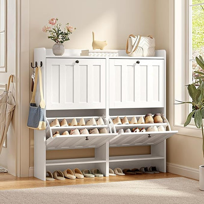 Gizoon Shoe Cabinet with 4 Fijp Drawers, Shoe Storage Cabinet for Entryway, Freestanding Hidden Rack with Open Shelf, Narrow Storage Organizer for Hallway, White
