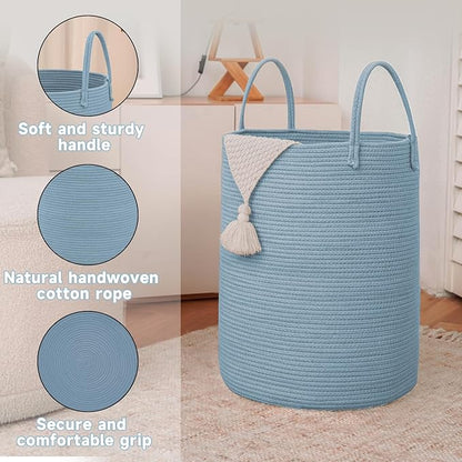 Large Woven Laundry Basket Hamper,80L Cotton Rope Storage Bin for Blankets,Toys and Clothes,Decorative Tall Nursery Hamper for Living Room,Baby Nursery,Bathroom and Bedroom,Blue
