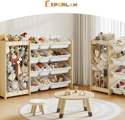 Kids Toy Storage Organizer, 2-in-1 Stuffed Animal Storage & Toy Organizer w/12 Bins, Solid Wood Toy Rack Featuring Thicker Elastic Ropes to Hold Toys, Playroom Nursery Bedroom Storage, White
