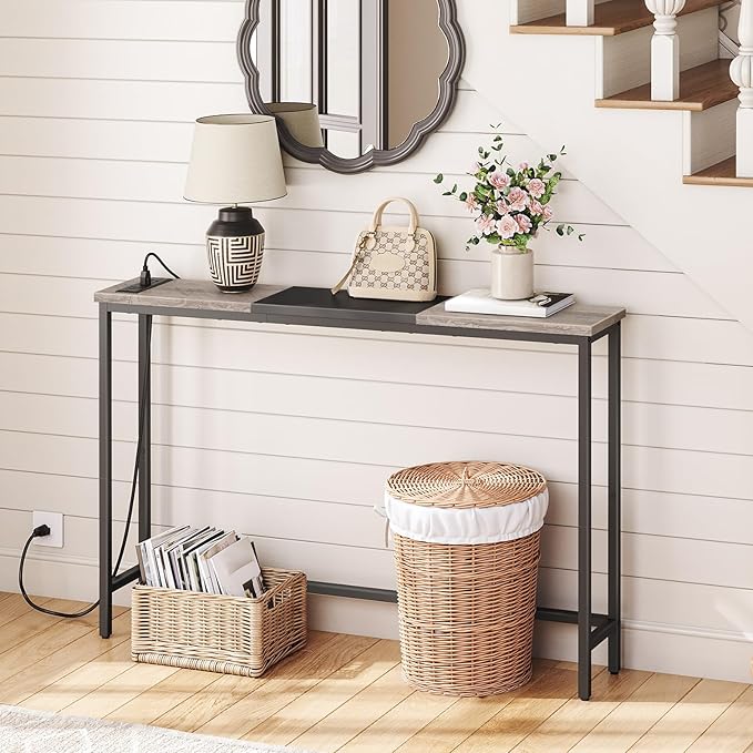 HOOBRO Narrow Console Table with Power Outlets, 44.9 Inches Sofa Table, Slim Behind Couch Table, Entryway Table with Display Shelf, for Living Room, Foyer, Hallway, Greige and Black BG114UXG01