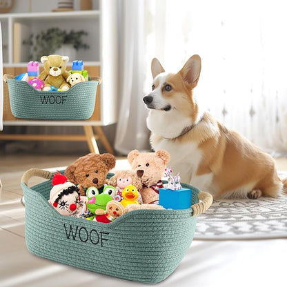 2 Pack Dog Toy Baskets,Pet Rope Basket for Dog Cat Toys,Dog Toy Bin with Handles,Woof Puppy Toy Storage Basket,Puppy Bed,Dog Stuff Organizer for Toys,Collar,Leash,Nursing Supplies-Green