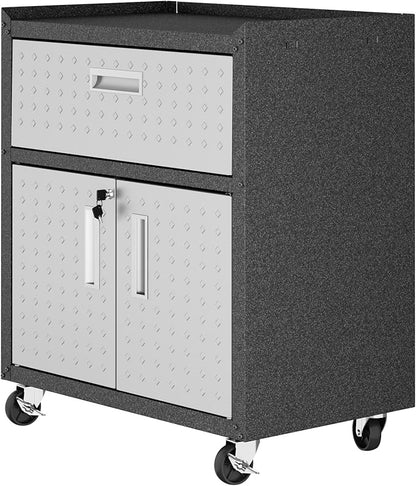 Manhattan Comfort Fortress Textured Metal 31.5" Garage Mobile Cabinet with 1 Full Extension Drawer and 2 Adjustable Shelves, Black/Gray