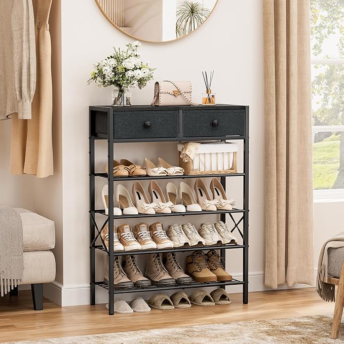 Shoe Rack for Entryway, 5 Tier Shoe Organizer with 2 Non-Woven Drawers, Metal Storage Shoe Shelf for 16-20 Pairs of Shoes, with Wooden Top and Steel Frame, Shoe Stand for Closet Black Grey