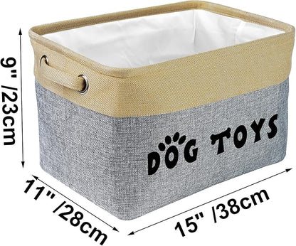 PET ARTIST Dog Toy Basket, Collapsible Dog Toy Bin Box with Comfortable Handles, Large Pet Toy Storage Basket Organizer for Accessories, Toys, Coat & Clothing, Blanket & Leash, Gray, 15"x11"x9"
