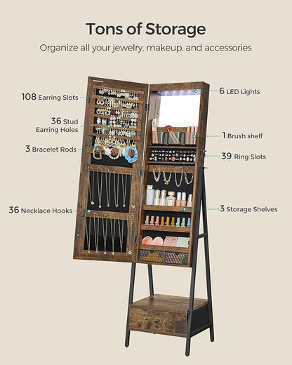 SONGMICS LED Cabinet Standing, Lockable Jewelry Armoire with Full-Length Mirror, Space-Saving Jewelry Organizer with Mirror, Bottom Drawer and Shelf, Gift Idea, Rustic Brown UJJC025X01