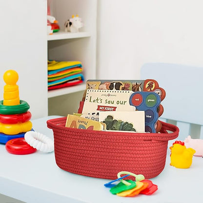 Small Woven Gift Basket, Baskets for Gifts Empty, Cotton Rope Cat Dog Toy Box, Nursery Baby Bin, Wicker Basket with Handles, Shelf Storage and Home Decor, Red, 12"x 8"x 5"