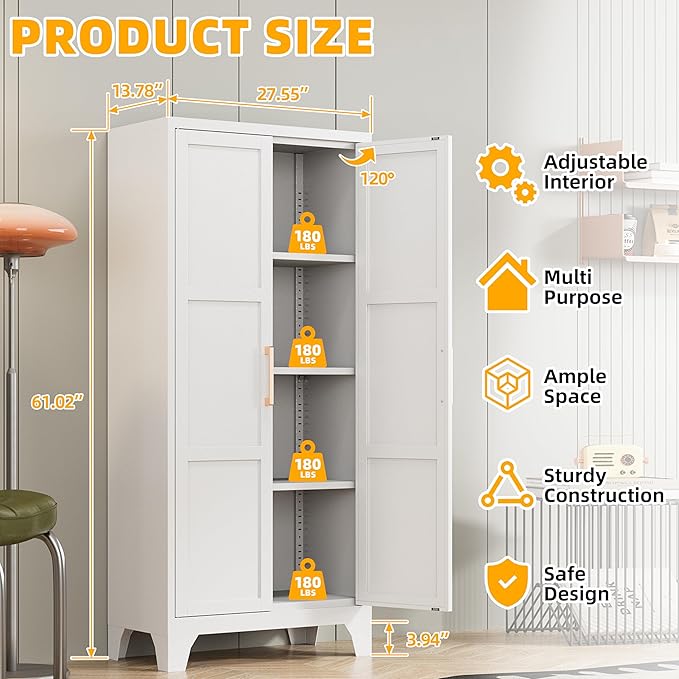 61"H Metal Pantry Cabinet with 2 Doors and 3 Adjustable Shelves,Food Storage Cabinet with Gold Handle for Kitchen,Dinning Room,Home Office,Living Room,Easy Assembly (White,61"H x13.8"D x27.6"W)