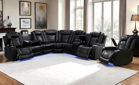 Power Reclining Sectional Sofa with Chair, Electric Recliner Sectional Sofa, Black Leather Power Recliner Couch, High-Density Rebound Sponge, Read Lights, USB Type C Charging for Living Room