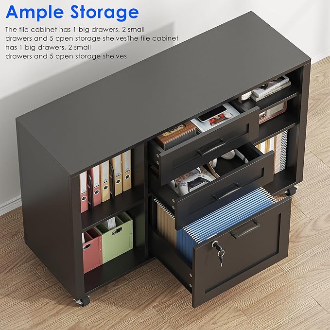 3 Drawer Wood Mobile Large lateral File Cabinet with Lock, Lockable Rolling Filing Cabinet with Open Storage Shelves, Printer Stand Office Storage for Home Office Fits Files Legal/A4, Black