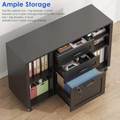 3 Drawer Wood Mobile Large lateral File Cabinet with Lock, Lockable Rolling Filing Cabinet with Open Storage Shelves, Printer Stand Office Storage for Home Office Fits Files Legal/A4, Black