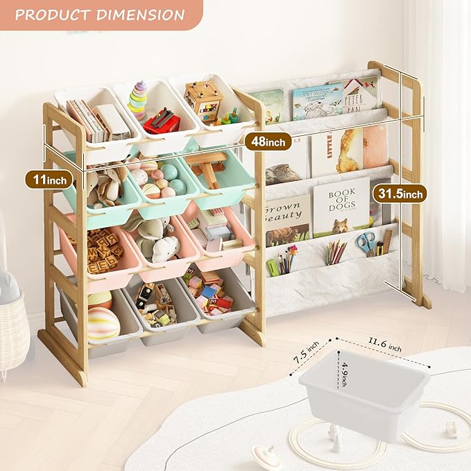 Toy Storage Organizer with Bookshelf - 12 Storage Bins 4-Tier Multipurpose Shelf to Organize Toys and Books for Kids Room, Playroom, Nursery Room, Multi-Color