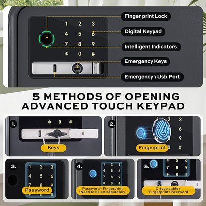 Biometric Safe for Home, 0.6 Cube Feet Auto-Open Fingerprint Safe with Touch Screen, Alarm System & Removable Shelf, Small Money Box for Cash, Jewelry, Documents, Home Office Use, Black