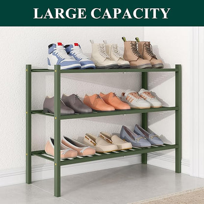 Smiry Bamboo Shoe Rack for Closet, 3 Tier Wooden Stackable Shoe Organizer, Free Standing Shoes Storage Shelf for Entryway, Front Door Entrance, Green