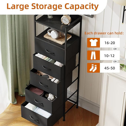 Somdot Tall Night Stand for Bedroom,Tall 5 Drawers Dresser, Vertical Storage Tower Unit, Nightstand Furniture with Fabric Drawer Organizer in Bedside Kids Dorm Room Closet Laundry Entryway,Black