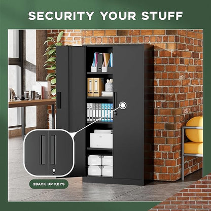 Greenvelly Metal Storage Cabinet, 72" Black Metal Locking Storage Cabinet with Doors and 4 Adjustable Shelves, Large Steel Cabinet for Home Office, Garage, Shop, School (32" W x 16" D)
