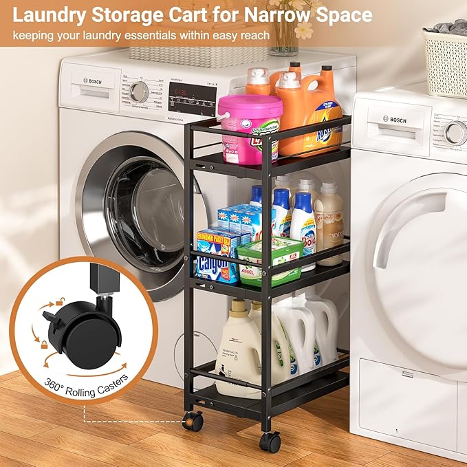 Expandable Slim Storage Cart for Small Spaces, 3-Tier Metal Shelving Unit with Wheels, Heavy-Duty Laundry Room Organization, Adjustable Narrow Storage Cabinet for Bathroom, Laundry Room, Kitchen