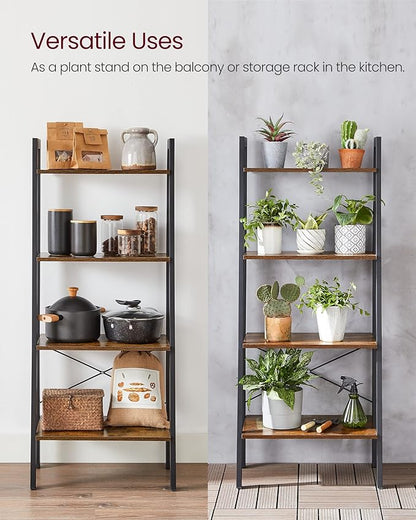 VASAGLE Ladder Shelf, 4-Tier Bookshelf, Storage Rack, Bookcase with Steel Frame, for Living Room, Home Office, Kitchen, Bedroom, Industrial Style, Rustic Brown and Ink Black ULLS44X