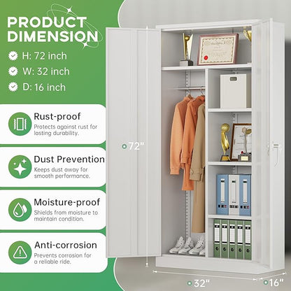 INTERGREAT Metal Wardrobe Closet, 71" White Locking Storage Wardrobe Cabinet with Doors and Shelves, Tall Steel Clothes Storage for Office, Home, School, Gym