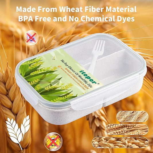 Wheat Straw Lunch Box, Leakproof 3-Compartment Bento Box for Kids & Adults, BPA-Free Lunch Containers, Microwave & Dishwasher Safe, 5.5 Cup (White)