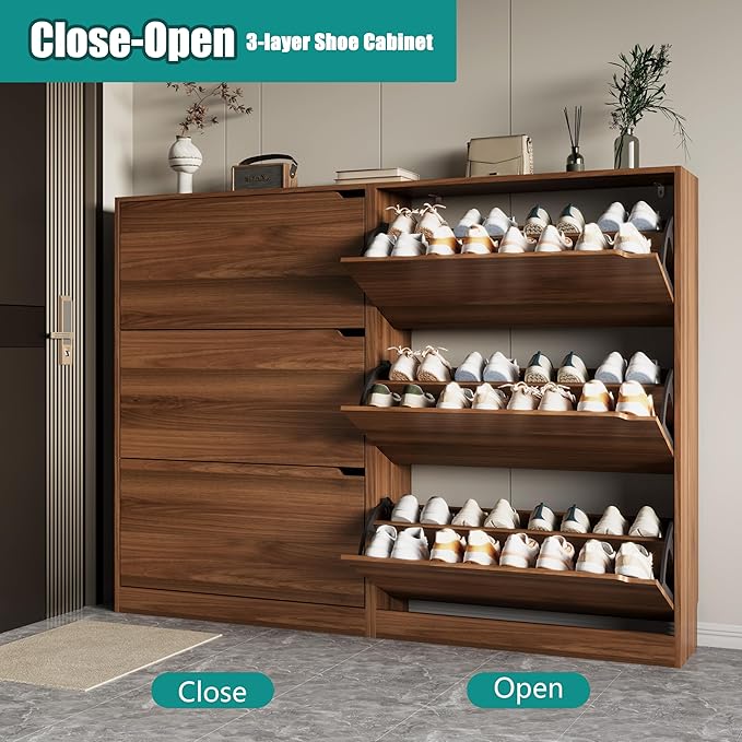 Shoe Storage Cabinet for Entryway with 3 Flip Drawers, Sturdy Wood Hidden Shoe Storage, Freestanding Narrow Slim Shoe Organizer for Front Door Entrance, Living Room, Hallway, Bedroom, Walnut