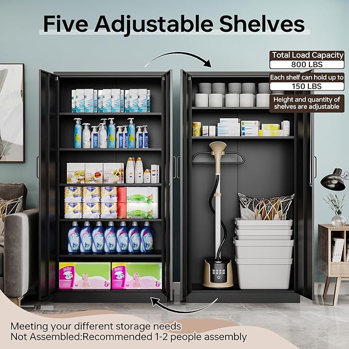 Metal Garage Storage Cabinet, 71" Tall Storage Cabinets with 2 Doors and 5 Adjustable Shelves, Steel Utility Tool Caninet, Black Locking Caninets, Lockable File Cabnet for Home/Office/School