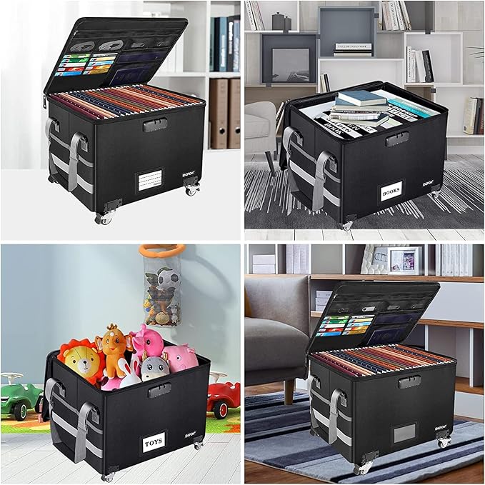 ENGPOW Fireproof Document Box with Wheels, Collapsible File Box with Lock, Rolling File Storage Organizer Filing Cabinet with Pockets, Portable Home Office Safe for Hanging Letter/Legal Folder, 2 Pack