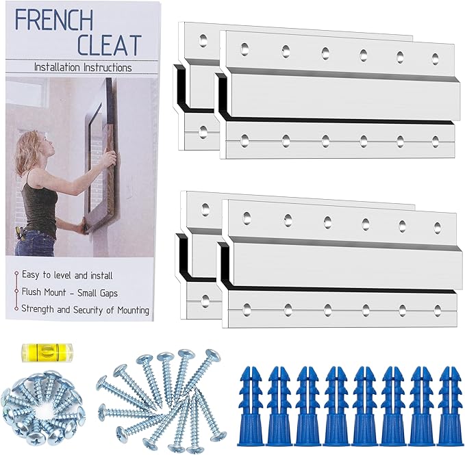 French Cleat Hanger 6 Inch Heavy Duty- 4 Pack - Picture, Mirror, Whiteboard, Cabniet, Shelf, Pallet or Panel Interlocking Wall Mounting Bracket - Aluminum Z Bar Clip Hanger Supports 60 lbs