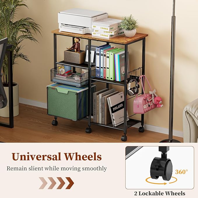 Rolling File Cart with Wheels,Lateral File Cabinet with 2pcs Drawers,Rolling Printer Stand Cart with Open Storage Shelf,Hanging Filing Cabinet Organizer Cart Fits Letter Size for Home Office