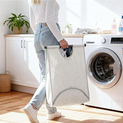 STORAGE MANIAC Wall Mount Laundry Hamper, Hanging Laundry Bag with Bottom Zipper Opening, Space Saver Dirty Clothes Hamper with Wall Anchor, Laundry Clothes Bin for College, Dorm, RV, Stripe