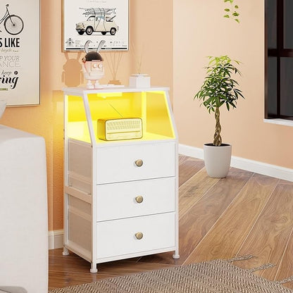 Tohomeor Dresser with Fabric Drawers Nightstand with 2 Tier Shelf Storage Tower for Bedroom Hallway Entryway Closet Organizer Sofa Beside Table Furniture (White, 3 Drawers)