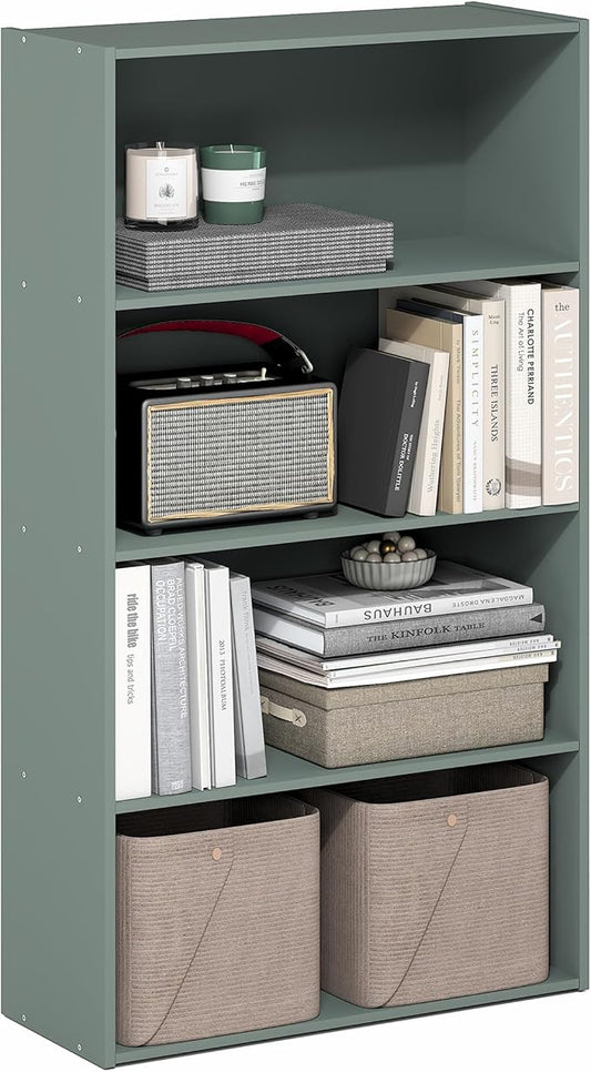 Furinno PASIR Book Shelf, 4-Tier Bookshelf, Bookcase, 9.4" x 23.6" x 41.7", for Living Room, Bedroom, Home Office, Sage Green