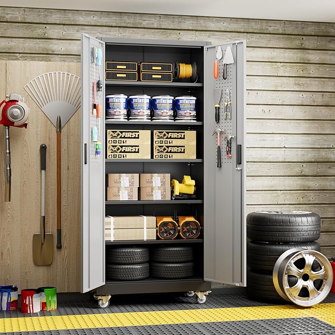 Garage Storage Cabinet with Wheels and Pegboard, 71"H x 32"W x 16"D Lockable Metal Storage Cabinet with 5 Adjustable Shelves and 2 Doors for Garage Home, Assembly Required, Black and Dark Grey