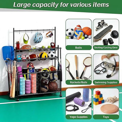 Large Sports Organizer for Garage, Ball Storage Rack Garage Sports Equipment Organizer with Side Racks, Baskets, Hooks, Multi-Purpose Golf Gear Storage for Gym Indoor Outdoor