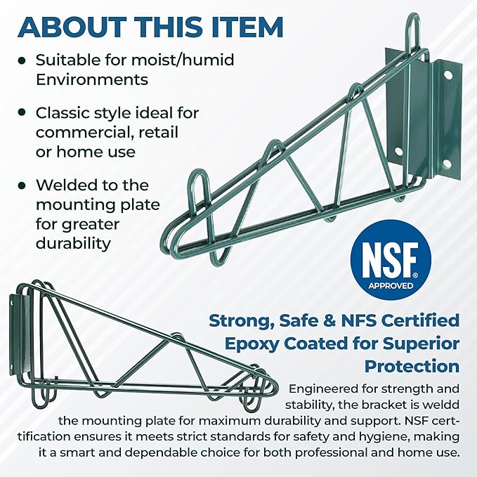 Epoxy Green Wall Mounting Bracket for Wire Shelving | 2 Brackets for Commercial, Retail or Home Use | NSF Certified | Set of 2 Brackets | (14")