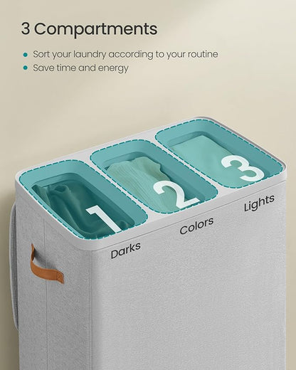 SONGMICS Laundry Basket, 50.2 Gal. Laundry Hamper, 3 Compartments, Easy Assembly, with Lid and Handles, Removable Liners, 25.2 x 15.7 x 29.5 Inches, Dove Gray ULCB814GD01