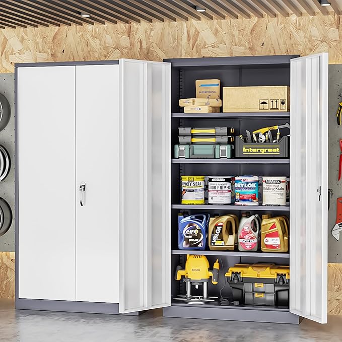 INTERGREAT Metal Lockable Storage Cabinet, 72” H Storage Cabinets with 2 Doors and 4 Adjustable Shelves for Office, Home, Garage, Pantry (Assembly Required, Gray White)