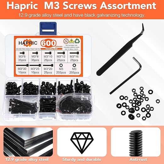 600 Pcs M3 Screws Assortment Kit, M3x 6/8/10/12/16/20/25/30mm M3 Screw Kits 12.9 Alloy Steel Nuts and Bolts Assortment Kit Black Zinc Plated Hex Socket Head Screws Nuts Bolts and Washers Set
