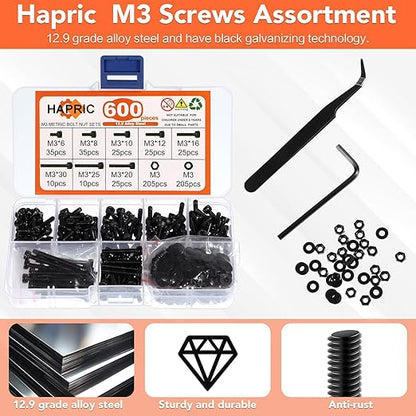 600 Pcs M3 Screws Assortment Kit, M3x 6/8/10/12/16/20/25/30mm M3 Screw Kits 12.9 Alloy Steel Nuts and Bolts Assortment Kit Black Zinc Plated Hex Socket Head Screws Nuts Bolts and Washers Set