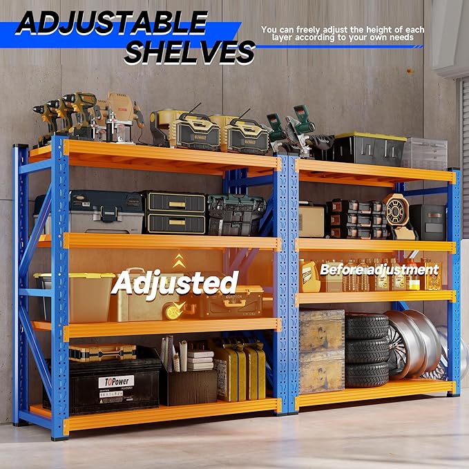 59" W Garage Storage Shelves,3000LBS Garage Shelving Heavy Duty Adjustable Shelving Unit,4 Tier Metal Utitly Shelves Industrial Shelving for Warehouses,Basement,Blue-Orange