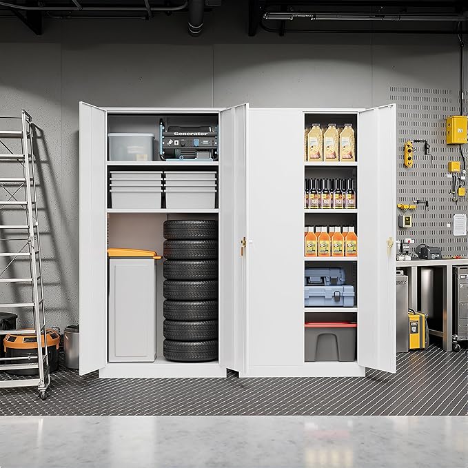 Pataku Metal Storage Cabinet, 72" Garage Cabinet with Doors and Shelves Lockable Steel Multifunctional Cabinets, White File Cabinets for Home, Office, Warehouse